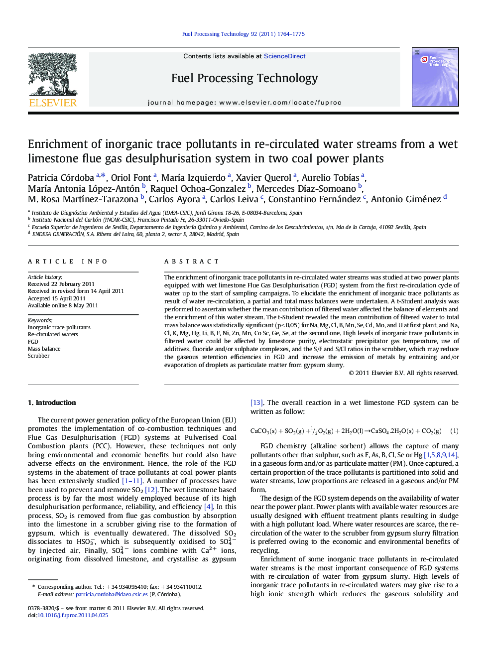 Enrichment of inorganic trace pollutants in re-circulated water streams from a wet limestone flue gas desulphurisation system in two coal power plants