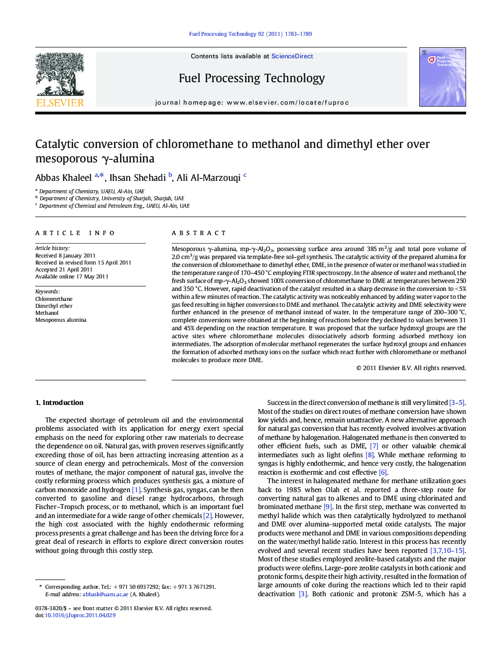 Catalytic conversion of chloromethane to methanol and dimethyl ether over mesoporous γ-alumina