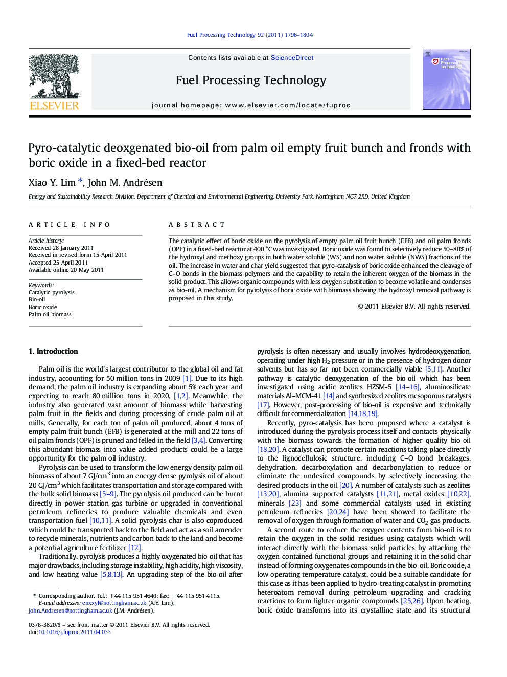 Pyro-catalytic deoxgenated bio-oil from palm oil empty fruit bunch and fronds with boric oxide in a fixed-bed reactor