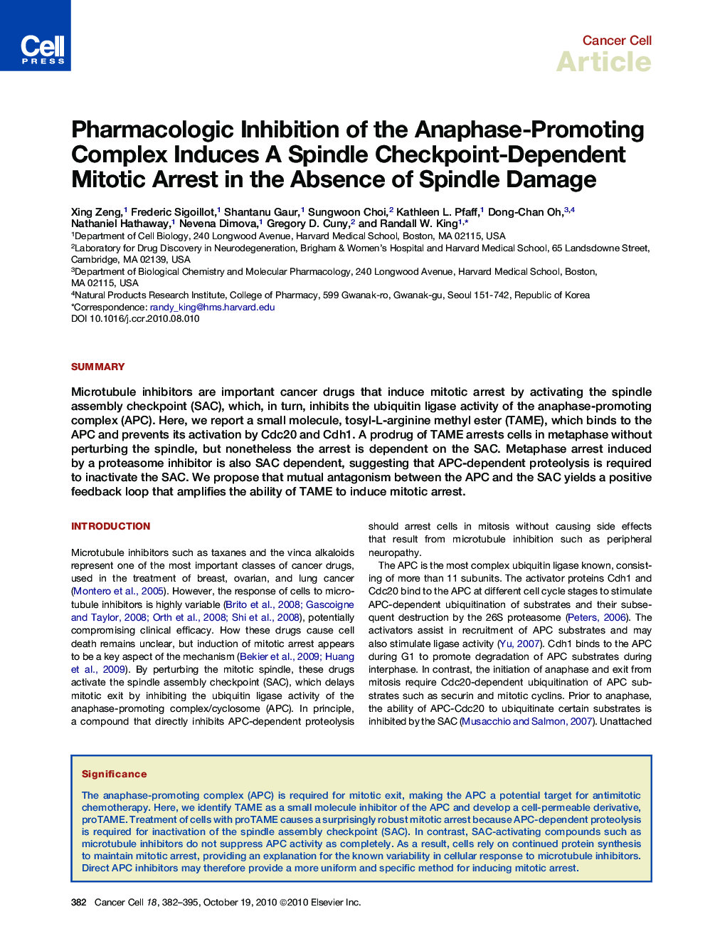 عکس صفحه اول مقاله: Pharmacologic Inhibition of the Anaphase-Promoting Complex Induces A Spindle Checkpoint-Dependent Mitotic Arrest in the Absence of Spindle Damage Pharmacologic Inhibition of the Anaphase-Promoting Complex Induces A Spindle Checkpoint-Dependent Mitotic Arrest in the Absence of Spindle Damage