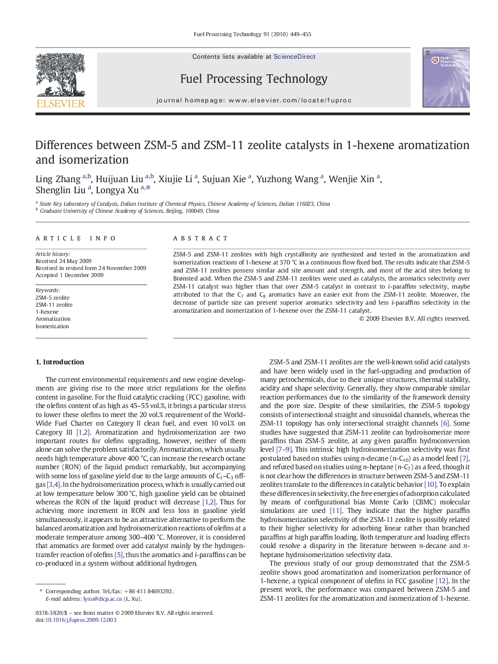 Differences between ZSM-5 and ZSM-11 zeolite catalysts in 1-hexene aromatization and isomerization