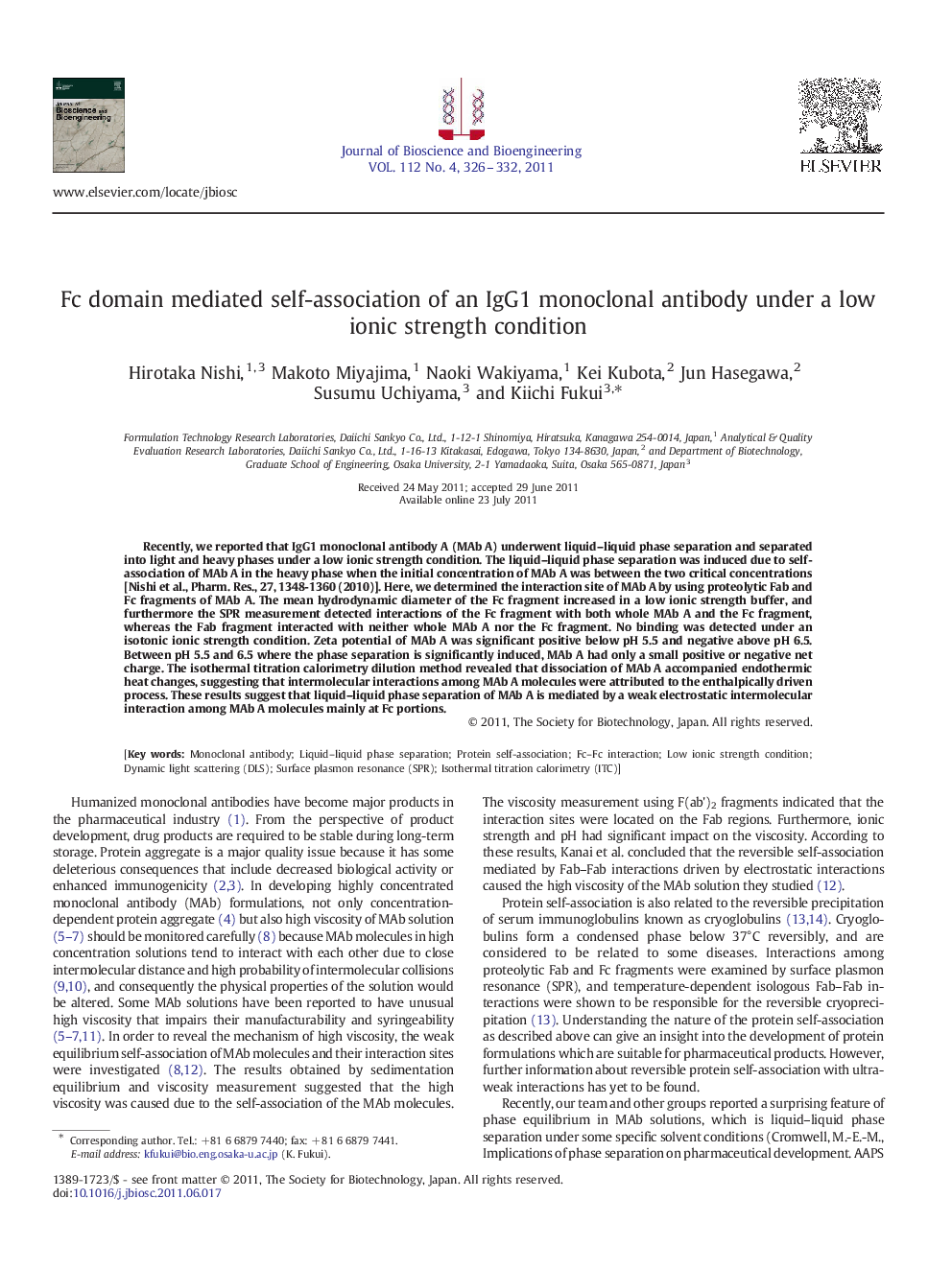 عکس صفحه اول مقاله: Fc domain mediated self-association of an IgG1 monoclonal antibody under a low ionic strength condition Fc domain mediated self-association of an IgG1 monoclonal antibody under a low ionic strength condition