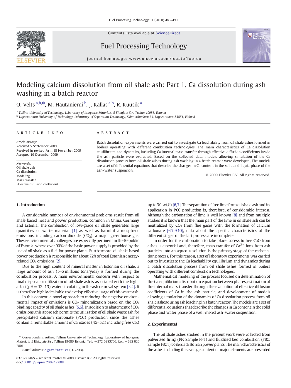 Modeling calcium dissolution from oil shale ash: Part 1. Ca dissolution during ash washing in a batch reactor