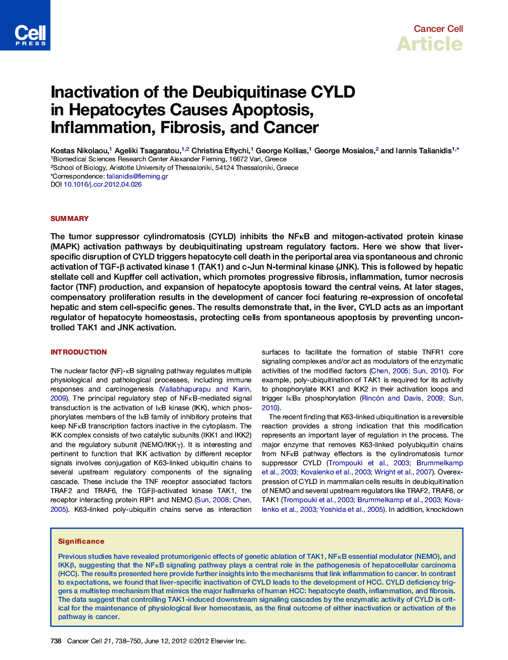 عکس صفحه اول مقاله: Inactivation of the Deubiquitinase CYLD in Hepatocytes Causes Apoptosis, Inflammation, Fibrosis, and Cancer Inactivation of the Deubiquitinase CYLD in Hepatocytes Causes Apoptosis, Inflammation, Fibrosis, and Cancer