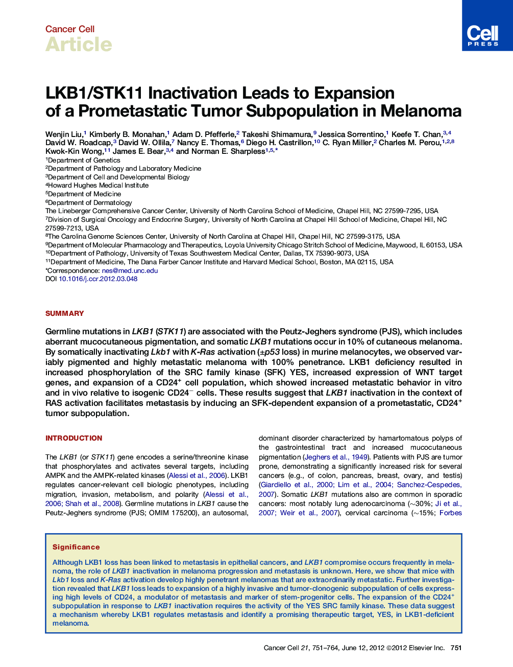 عکس صفحه اول مقاله: LKB1/STK11 Inactivation Leads to Expansion of a Prometastatic Tumor Subpopulation in Melanoma LKB1/STK11 Inactivation Leads to Expansion of a Prometastatic Tumor Subpopulation in Melanoma