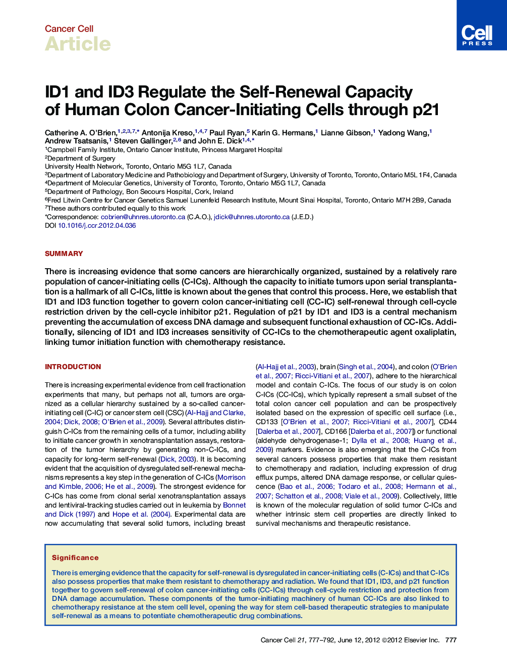 عکس صفحه اول مقاله: ID1 and ID3 Regulate the Self-Renewal Capacity of Human Colon Cancer-Initiating Cells through p21 ID1 and ID3 Regulate the Self-Renewal Capacity of Human Colon Cancer-Initiating Cells through p21
