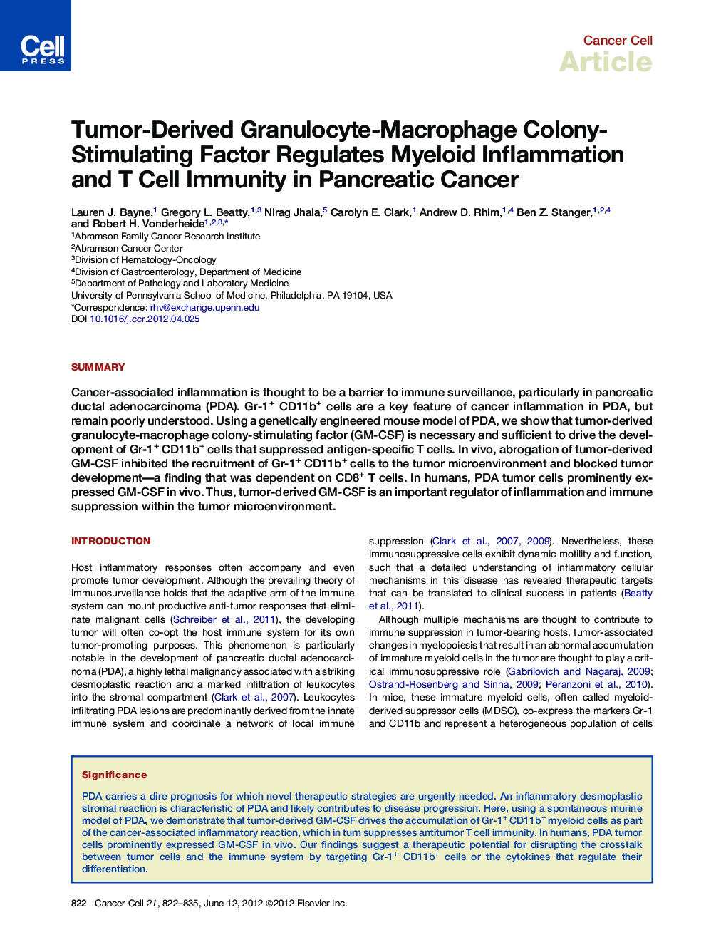 عکس صفحه اول مقاله: Tumor-Derived Granulocyte-Macrophage Colony-Stimulating Factor Regulates Myeloid Inflammation and T Cell Immunity in Pancreatic Cancer Tumor-Derived Granulocyte-Macrophage Colony-Stimulating Factor Regulates Myeloid Inflammation and T Cell Immunity in Pancreatic Cancer