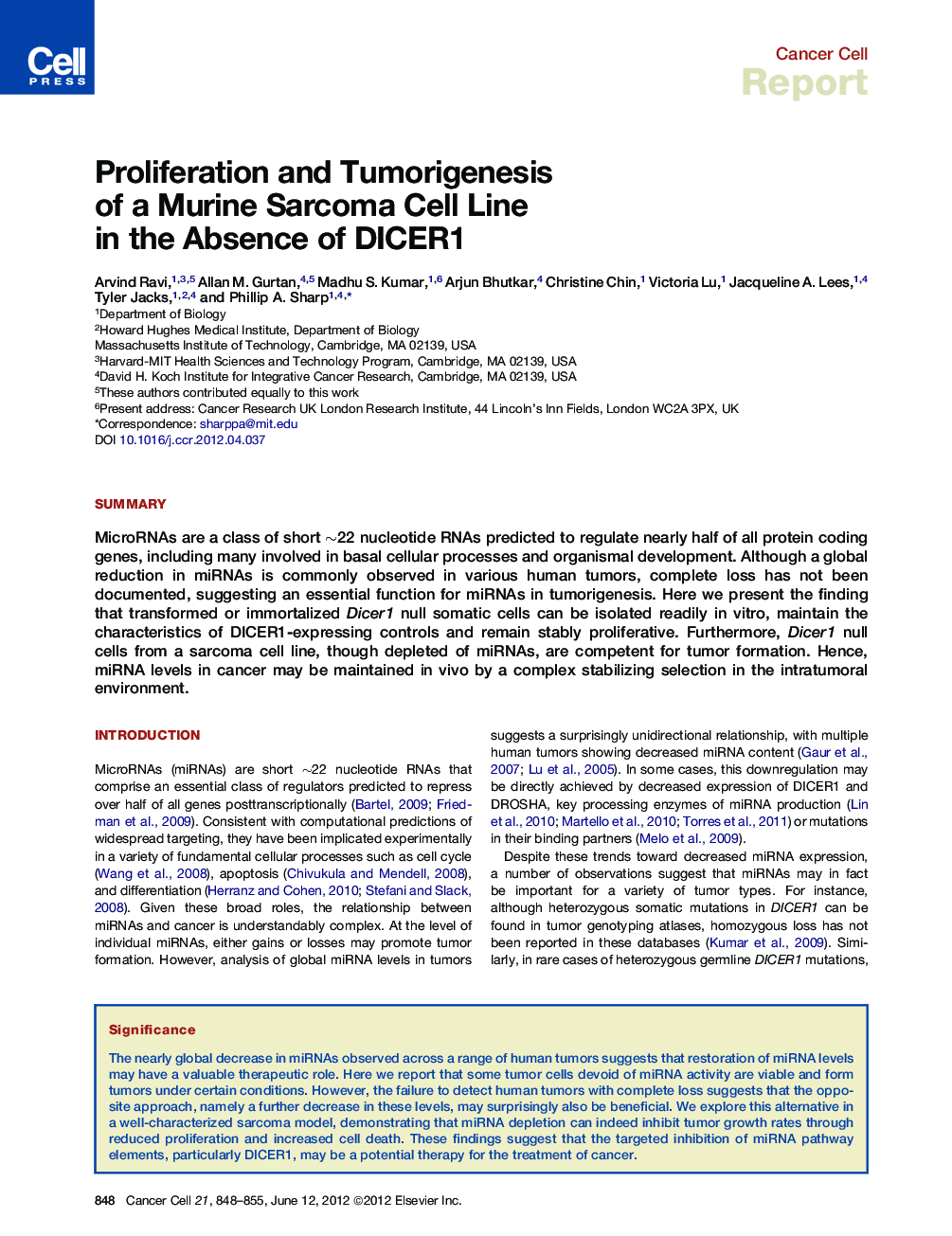 عکس صفحه اول مقاله: Proliferation and Tumorigenesis of a Murine Sarcoma Cell Line in the Absence of DICER1 Proliferation and Tumorigenesis of a Murine Sarcoma Cell Line in the Absence of DICER1