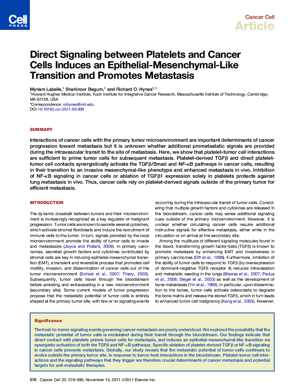 Direct Signaling between Platelets and Cancer Cells Induces an Epithelial-Mesenchymal-Like Transition and Promotes Metastasis