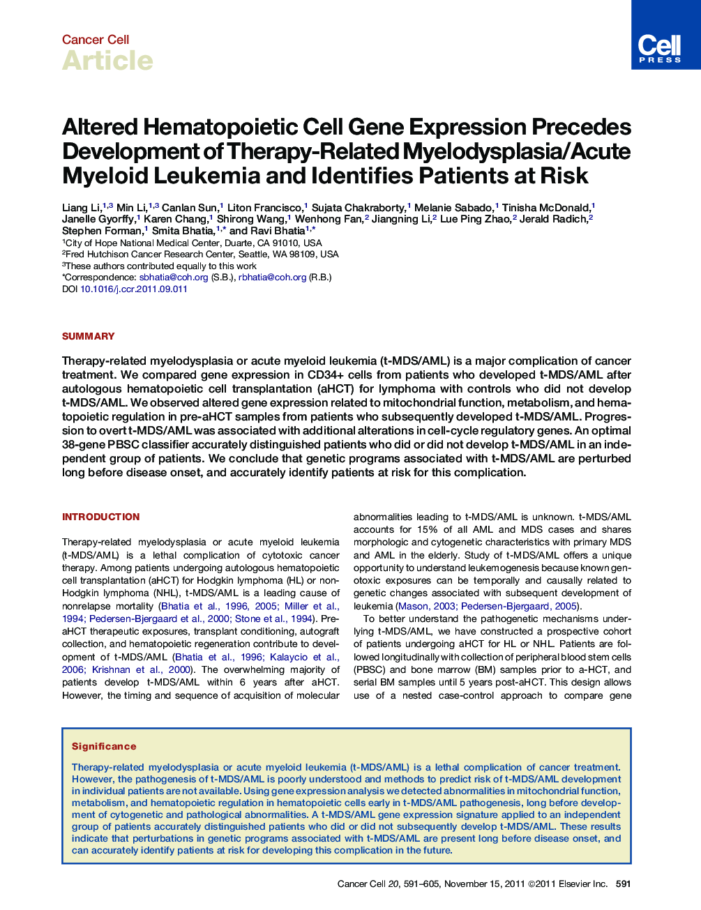 Altered Hematopoietic Cell Gene Expression Precedes Development of Therapy-Related Myelodysplasia/Acute Myeloid Leukemia and Identifies Patients at Risk