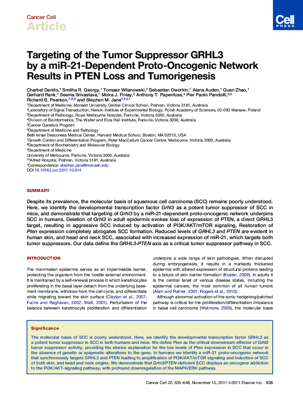 Targeting of the Tumor Suppressor GRHL3 by a miR-21-Dependent Proto-Oncogenic Network Results in PTEN Loss and Tumorigenesis