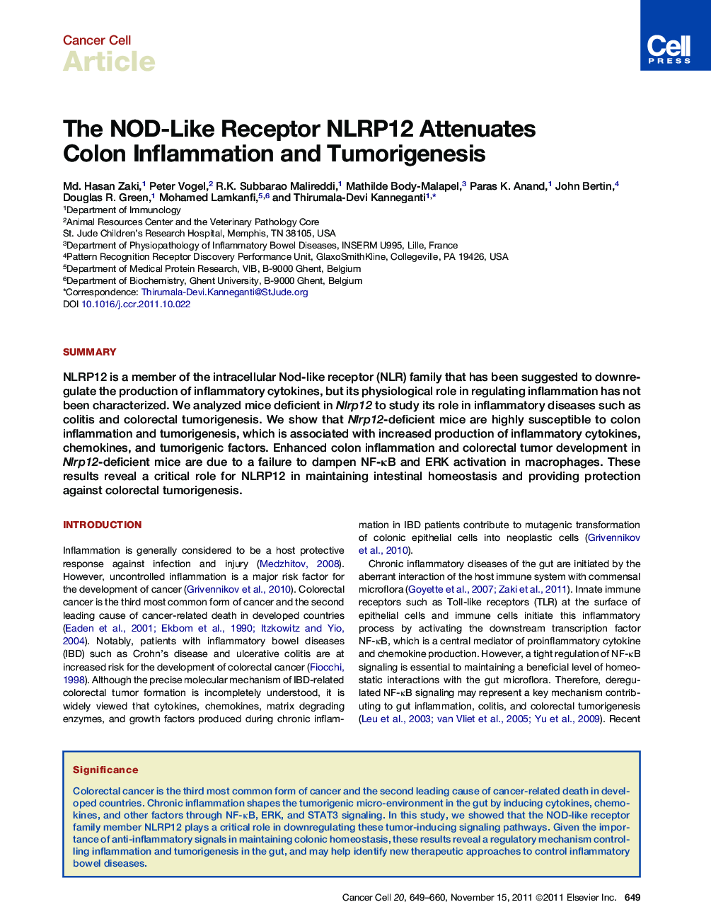 The NOD-Like Receptor NLRP12 Attenuates Colon Inflammation and Tumorigenesis