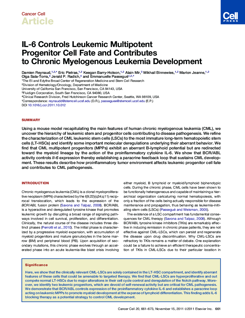 IL-6 Controls Leukemic Multipotent Progenitor Cell Fate and Contributes to Chronic Myelogenous Leukemia Development