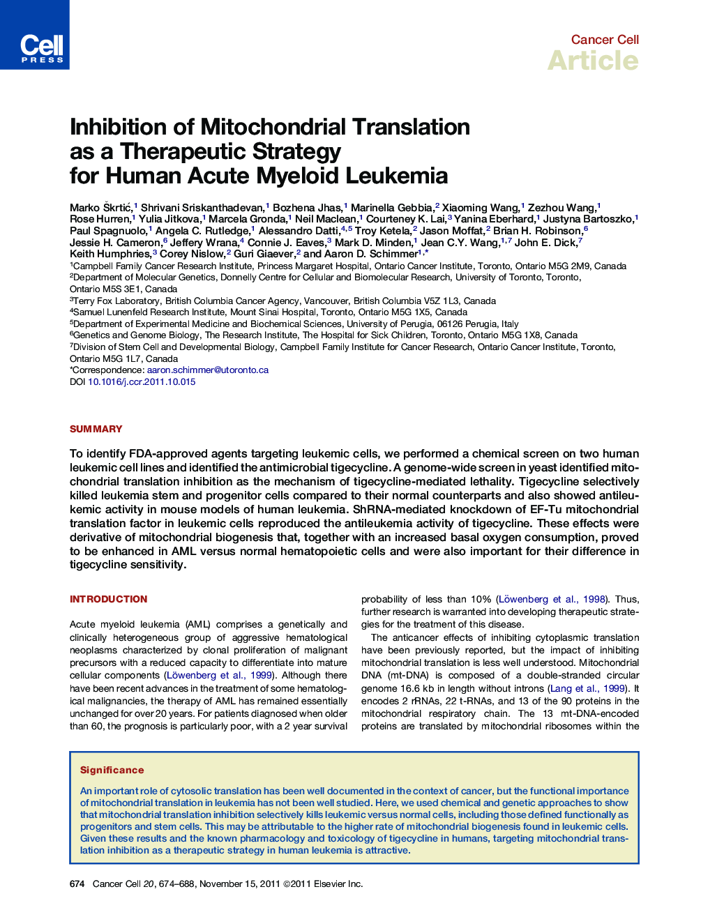 Inhibition of Mitochondrial Translation as a Therapeutic Strategy for Human Acute Myeloid Leukemia