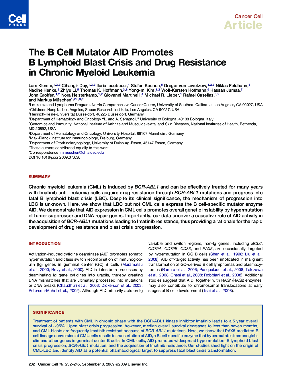 The B Cell Mutator AID Promotes B Lymphoid Blast Crisis and Drug Resistance in Chronic Myeloid Leukemia