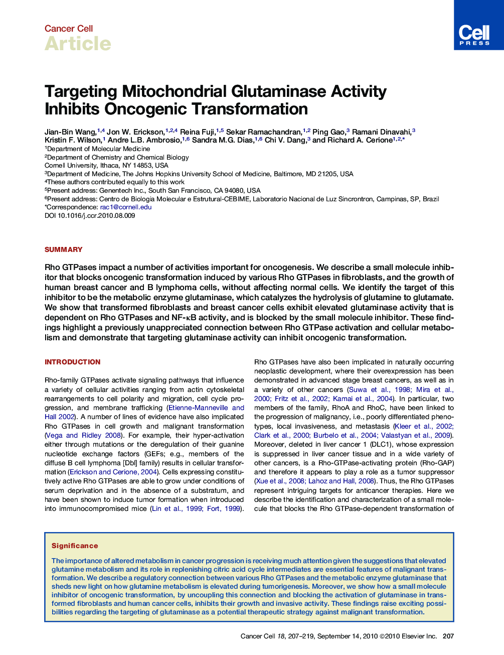 Targeting Mitochondrial Glutaminase Activity Inhibits Oncogenic Transformation