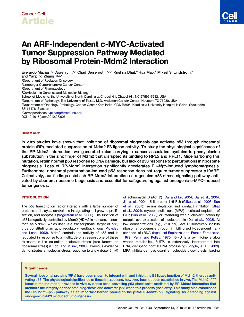 عکس صفحه اول مقاله: An ARF-Independent c-MYC-Activated Tumor Suppression Pathway Mediated by Ribosomal Protein-Mdm2 Interaction An ARF-Independent c-MYC-Activated Tumor Suppression Pathway Mediated by Ribosomal Protein-Mdm2 Interaction