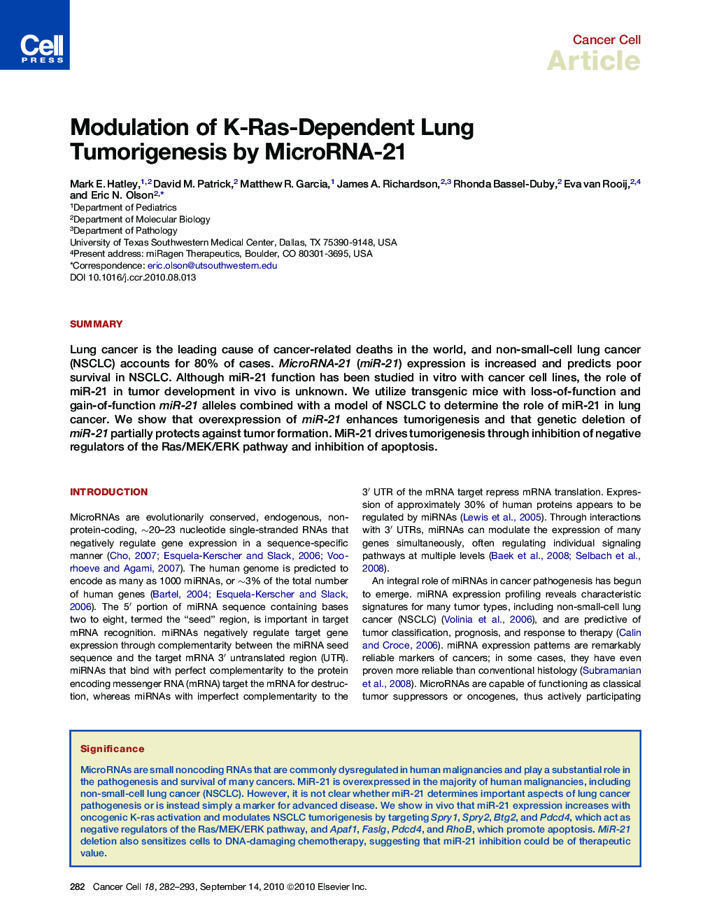 عکس صفحه اول مقاله: Modulation of K-Ras-Dependent Lung Tumorigenesis by MicroRNA-21 Modulation of K-Ras-Dependent Lung Tumorigenesis by MicroRNA-21