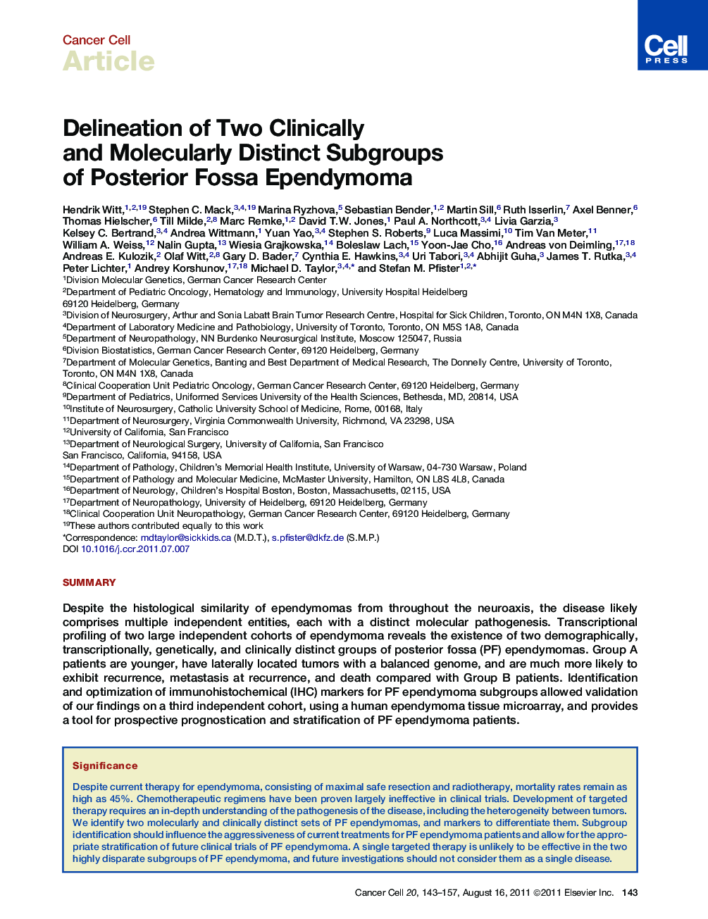 Delineation of Two Clinically and Molecularly Distinct Subgroups of Posterior Fossa Ependymoma
