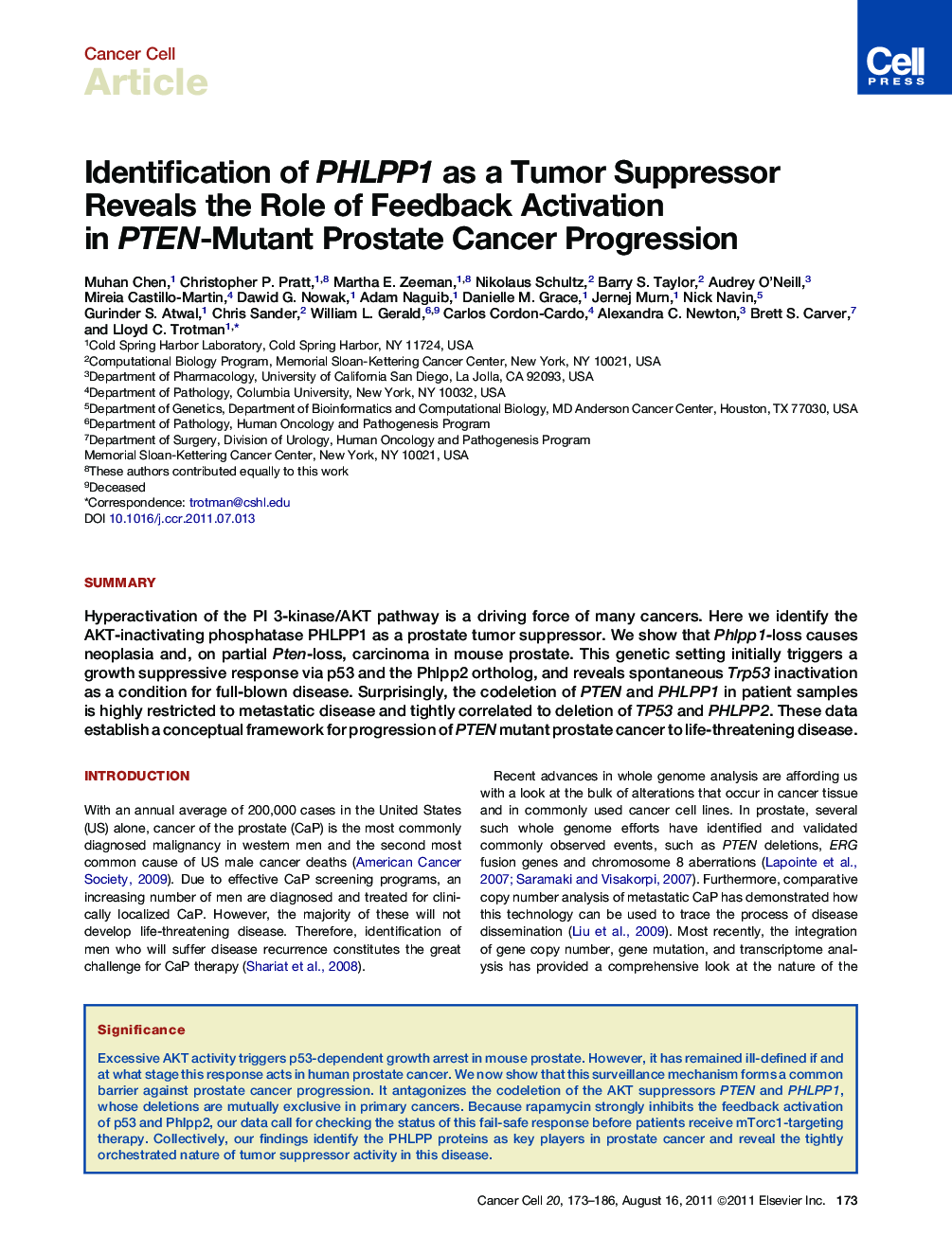 Identification of PHLPP1 as a Tumor Suppressor Reveals the Role of Feedback Activation in PTEN-Mutant Prostate Cancer Progression