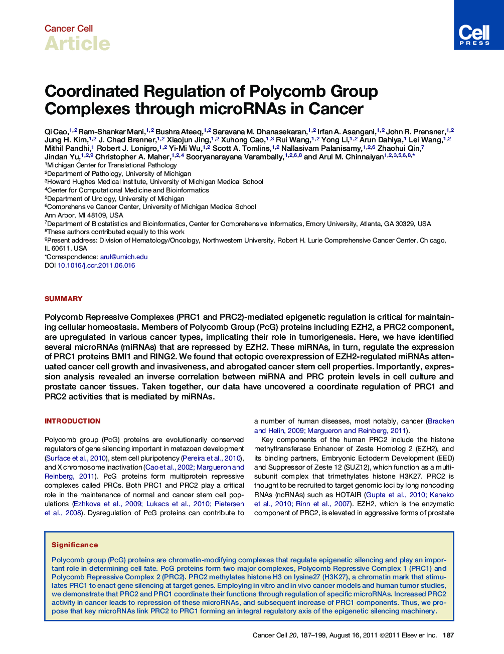 Coordinated Regulation of Polycomb Group Complexes through microRNAs in Cancer