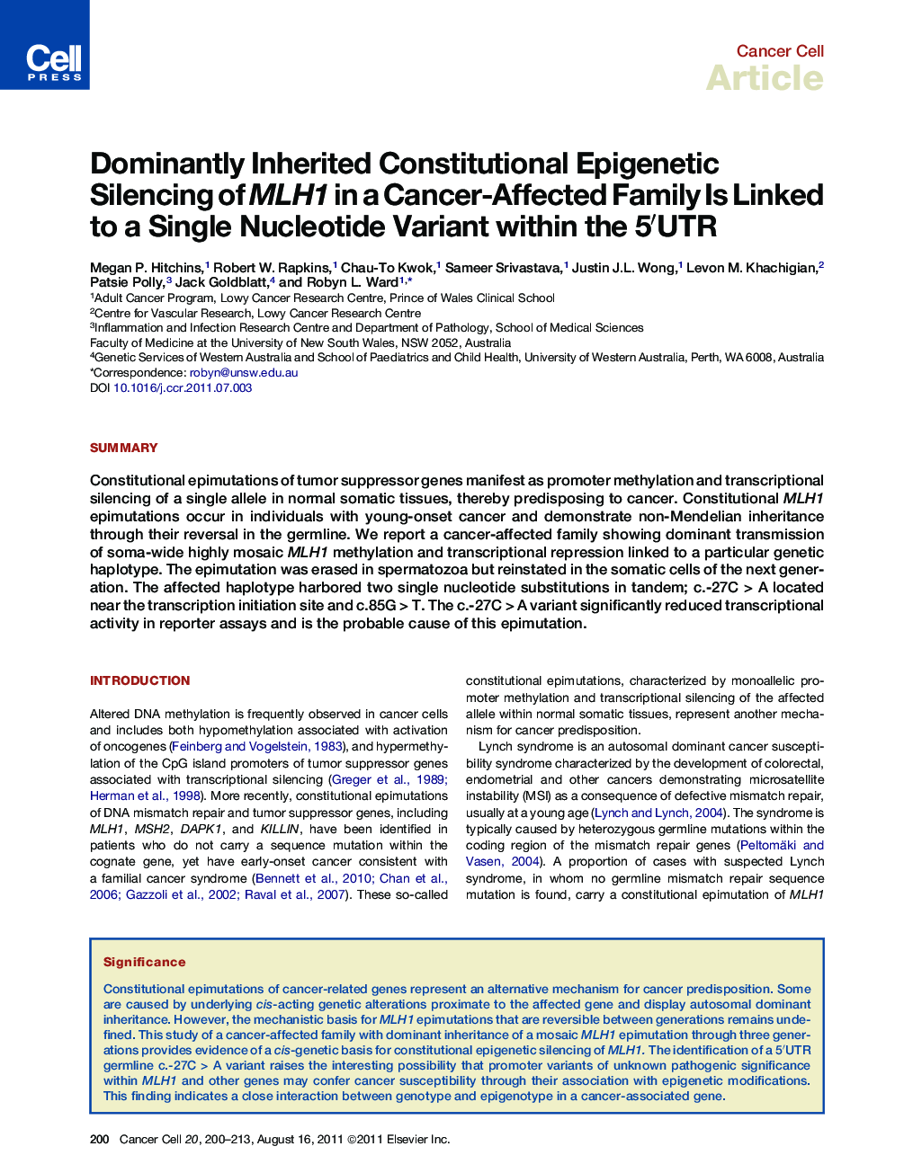 Dominantly Inherited Constitutional Epigenetic Silencing of MLH1 in a Cancer-Affected Family Is Linked to a Single Nucleotide Variant within the 5′UTR