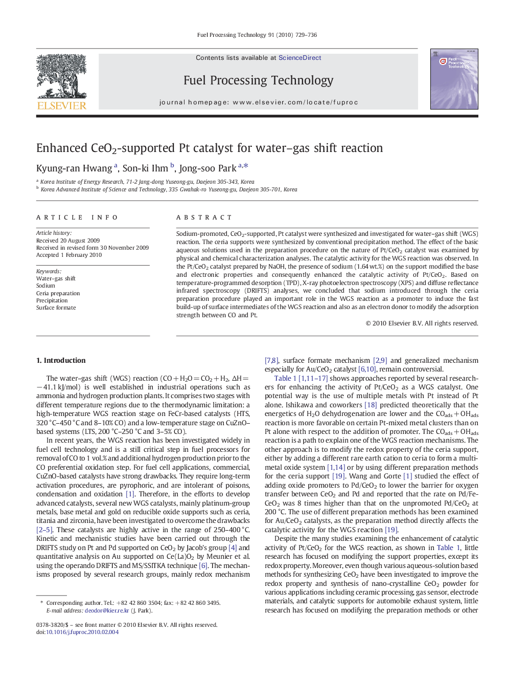 Enhanced CeO2-supported Pt catalyst for water–gas shift reaction