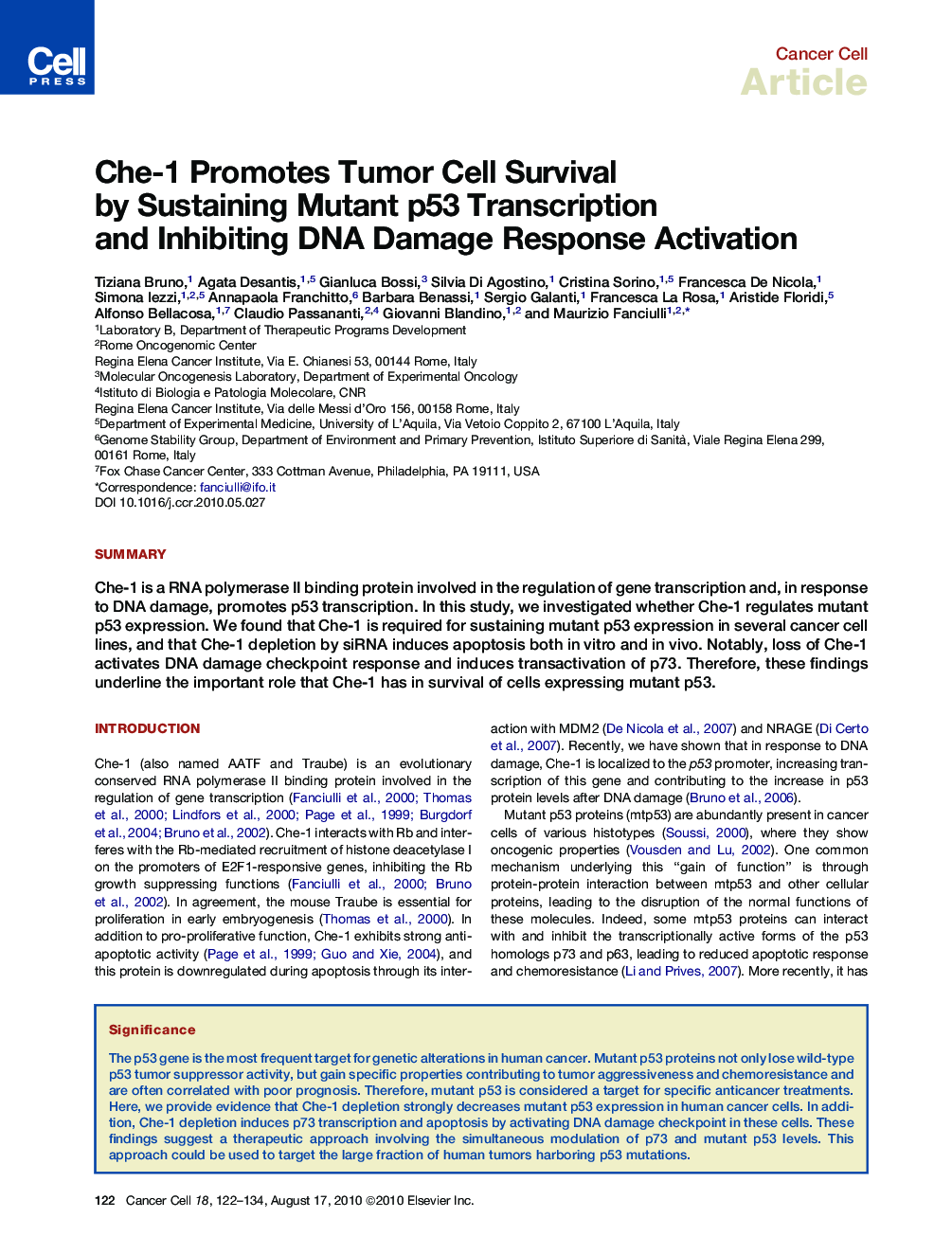 Che-1 Promotes Tumor Cell Survival by Sustaining Mutant p53 Transcription and Inhibiting DNA Damage Response Activation