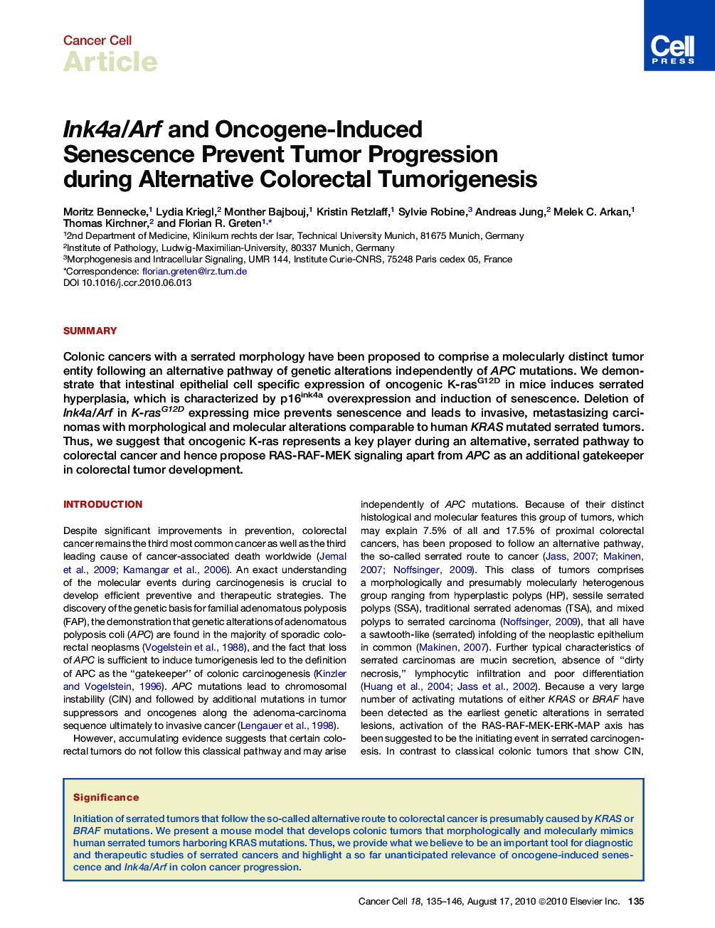 Ink4a/Arf and Oncogene-Induced Senescence Prevent Tumor Progression during Alternative Colorectal Tumorigenesis