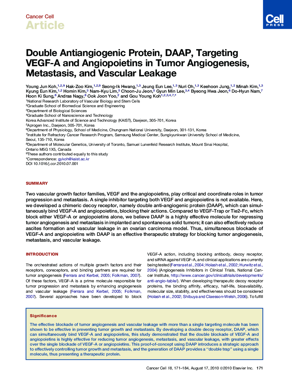 Double Antiangiogenic Protein, DAAP, Targeting VEGF-A and Angiopoietins in Tumor Angiogenesis, Metastasis, and Vascular Leakage