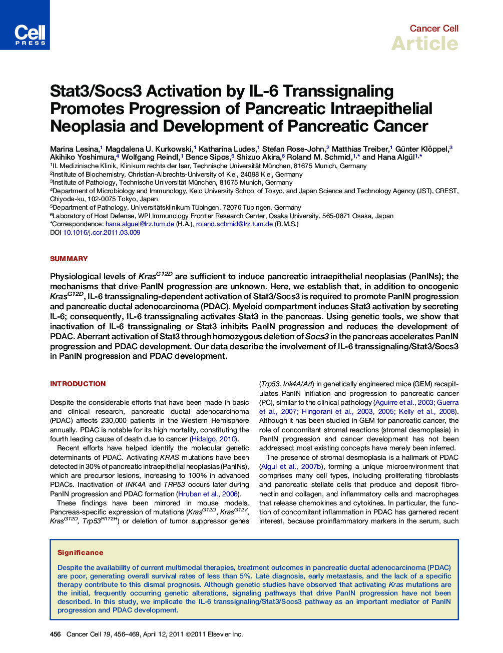 عکس صفحه اول مقاله: Stat3/Socs3 Activation by IL-6 Transsignaling Promotes Progression of Pancreatic Intraepithelial Neoplasia and Development of Pancreatic Cancer Stat3/Socs3 Activation by IL-6 Transsignaling Promotes Progression of Pancreatic Intraepithelial Neoplasia and Development of Pancreatic Cancer