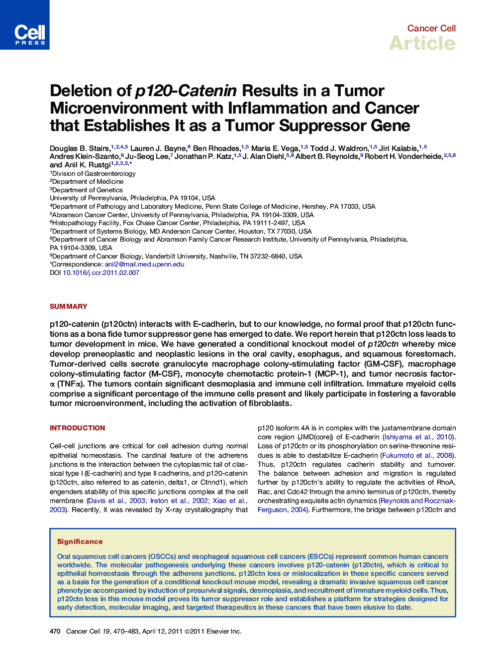 عکس صفحه اول مقاله: Deletion of p120-Catenin Results in a Tumor Microenvironment with Inflammation and Cancer that Establishes It as a Tumor Suppressor Gene Deletion of p120-Catenin Results in a Tumor Microenvironment with Inflammation and Cancer that Establishes It as a Tumor Suppressor Gene