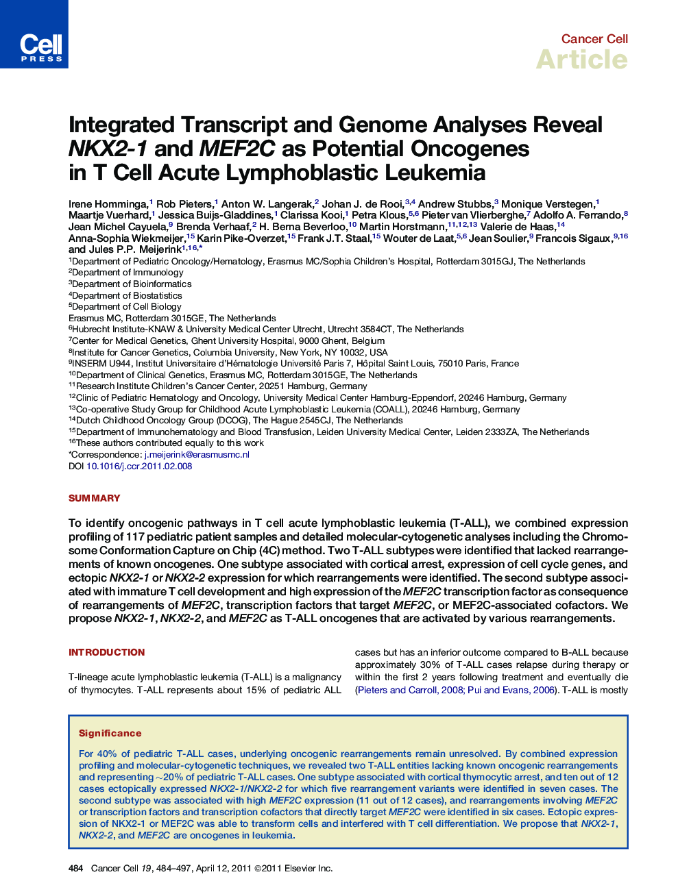 عکس صفحه اول مقاله: Integrated Transcript and Genome Analyses Reveal NKX2-1 and MEF2C as Potential Oncogenes in T Cell Acute Lymphoblastic Leukemia Integrated Transcript and Genome Analyses Reveal NKX2-1 and MEF2C as Potential Oncogenes in T Cell Acute Lymphoblastic Leukemia