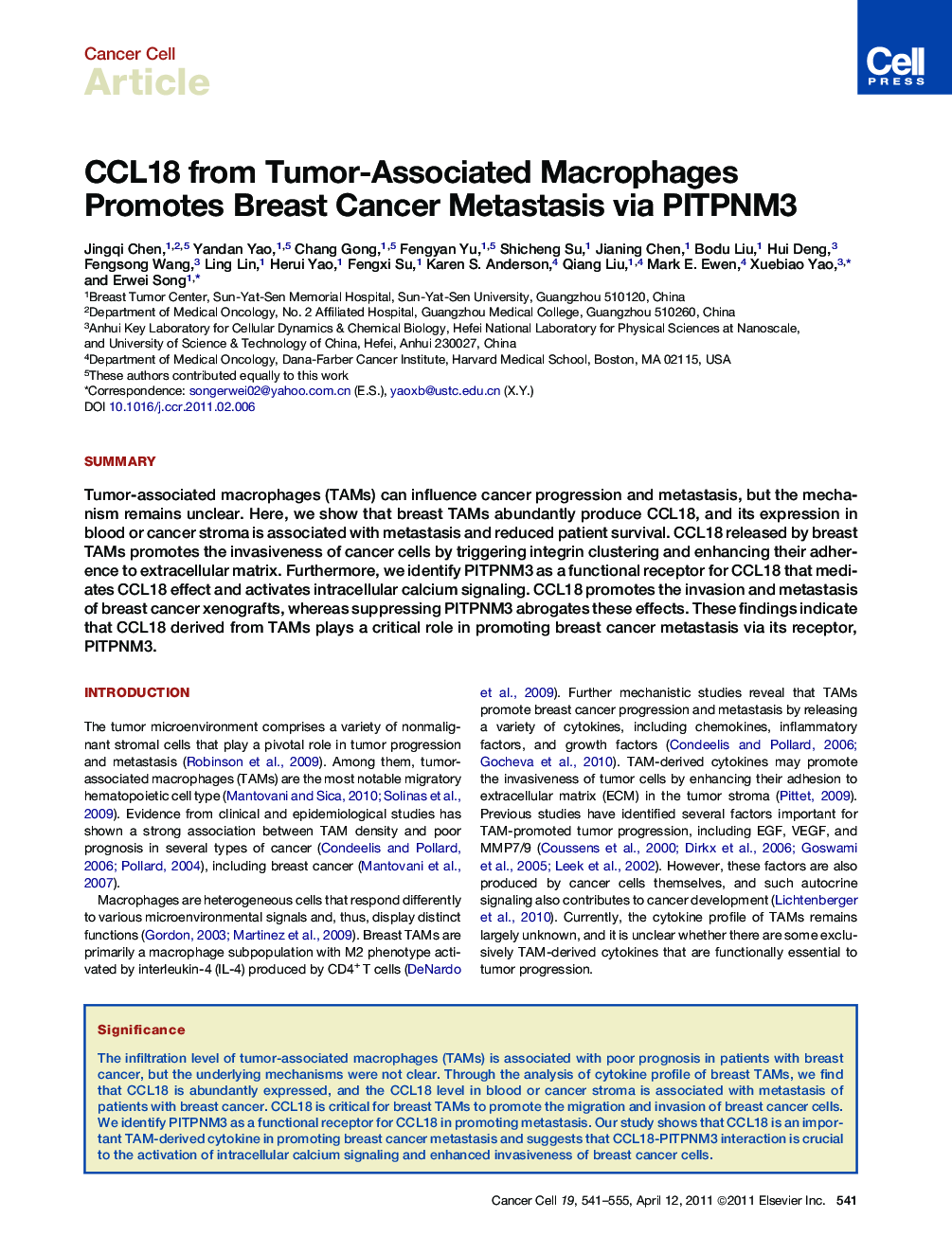 عکس صفحه اول مقاله: CCL18 from Tumor-Associated Macrophages Promotes Breast Cancer Metastasis via PITPNM3 CCL18 from Tumor-Associated Macrophages Promotes Breast Cancer Metastasis via PITPNM3