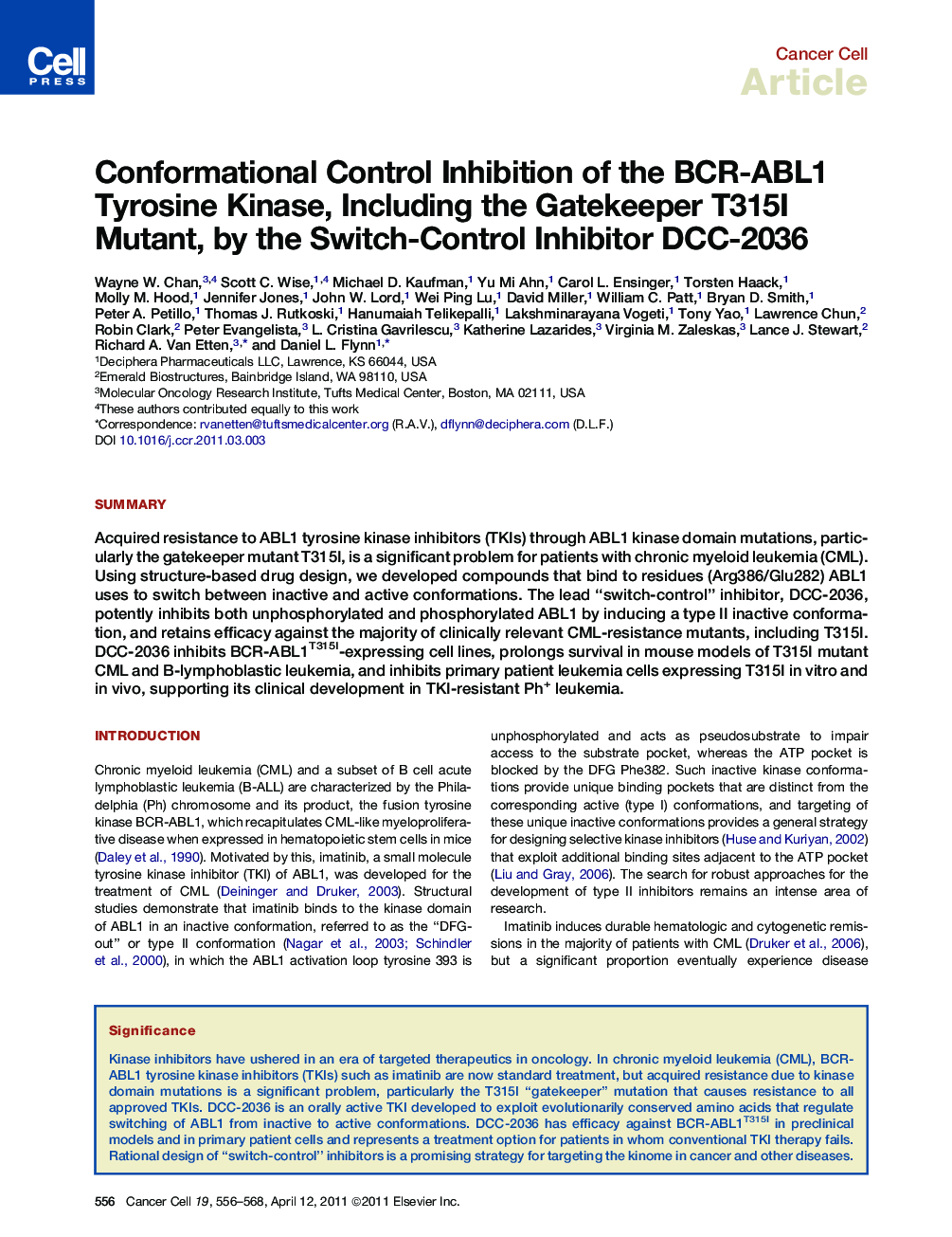 عکس صفحه اول مقاله: Conformational Control Inhibition of the BCR-ABL1 Tyrosine Kinase, Including the Gatekeeper T315I Mutant, by the Switch-Control Inhibitor DCC-2036 Conformational Control Inhibition of the BCR-ABL1 Tyrosine Kinase, Including the Gatekeeper T315I Mutant, by the Switch-Control Inhibitor DCC-2036