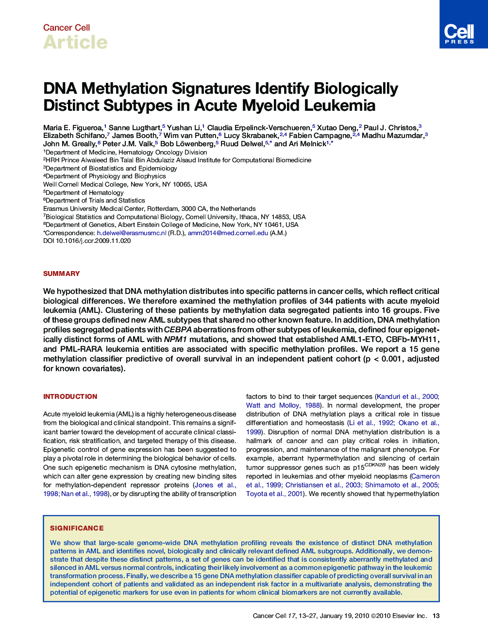 DNA Methylation Signatures Identify Biologically Distinct Subtypes in Acute Myeloid Leukemia