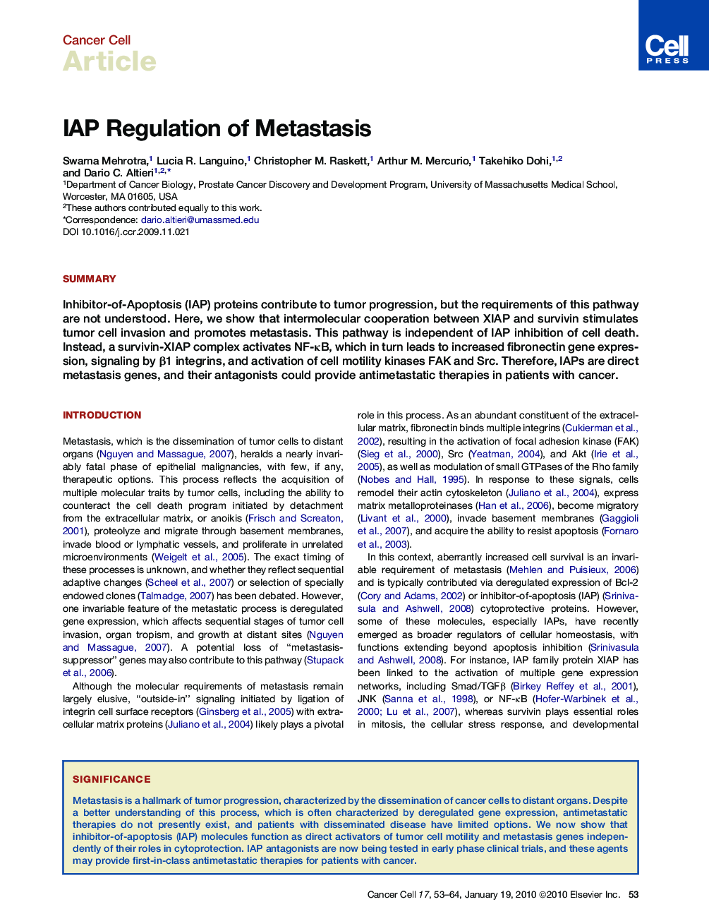 IAP Regulation of Metastasis