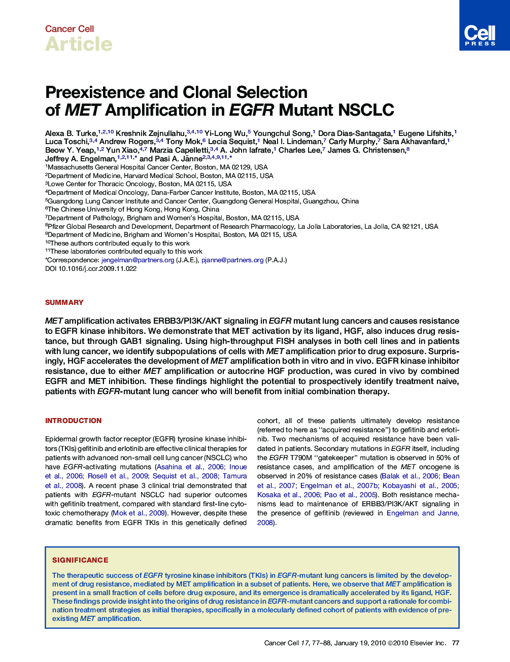 Preexistence and Clonal Selection of MET Amplification in EGFR Mutant NSCLC