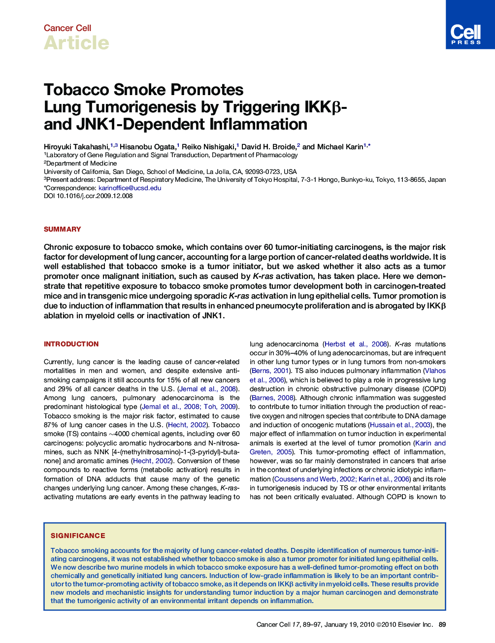 Tobacco Smoke Promotes Lung Tumorigenesis by Triggering IKKβ- and JNK1-Dependent Inflammation