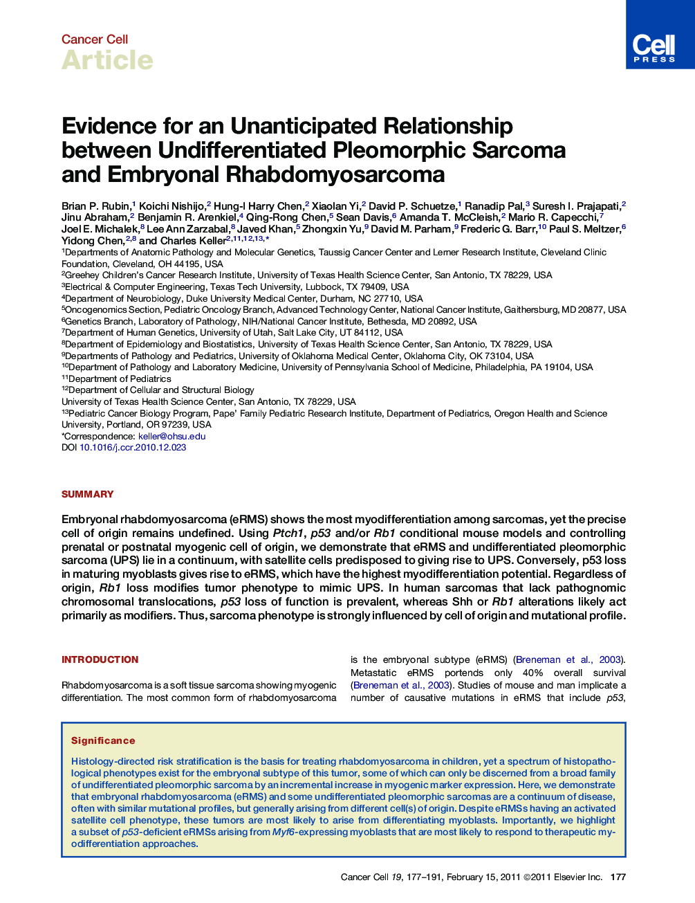 عکس صفحه اول مقاله: Evidence for an Unanticipated Relationship between Undifferentiated Pleomorphic Sarcoma and Embryonal Rhabdomyosarcoma Evidence for an Unanticipated Relationship between Undifferentiated Pleomorphic Sarcoma and Embryonal Rhabdomyosarcoma