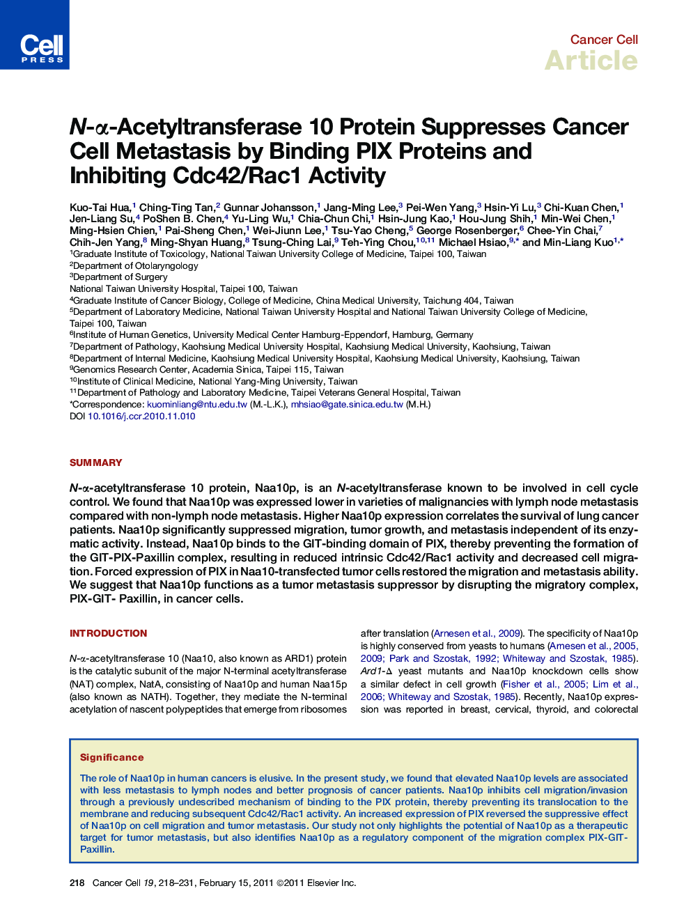 عکس صفحه اول مقاله: N-α-Acetyltransferase 10 Protein Suppresses Cancer Cell Metastasis by Binding PIX Proteins and Inhibiting Cdc42/Rac1 Activity N-α-Acetyltransferase 10 Protein Suppresses Cancer Cell Metastasis by Binding PIX Proteins and Inhibiting Cdc42/Rac1 Activity