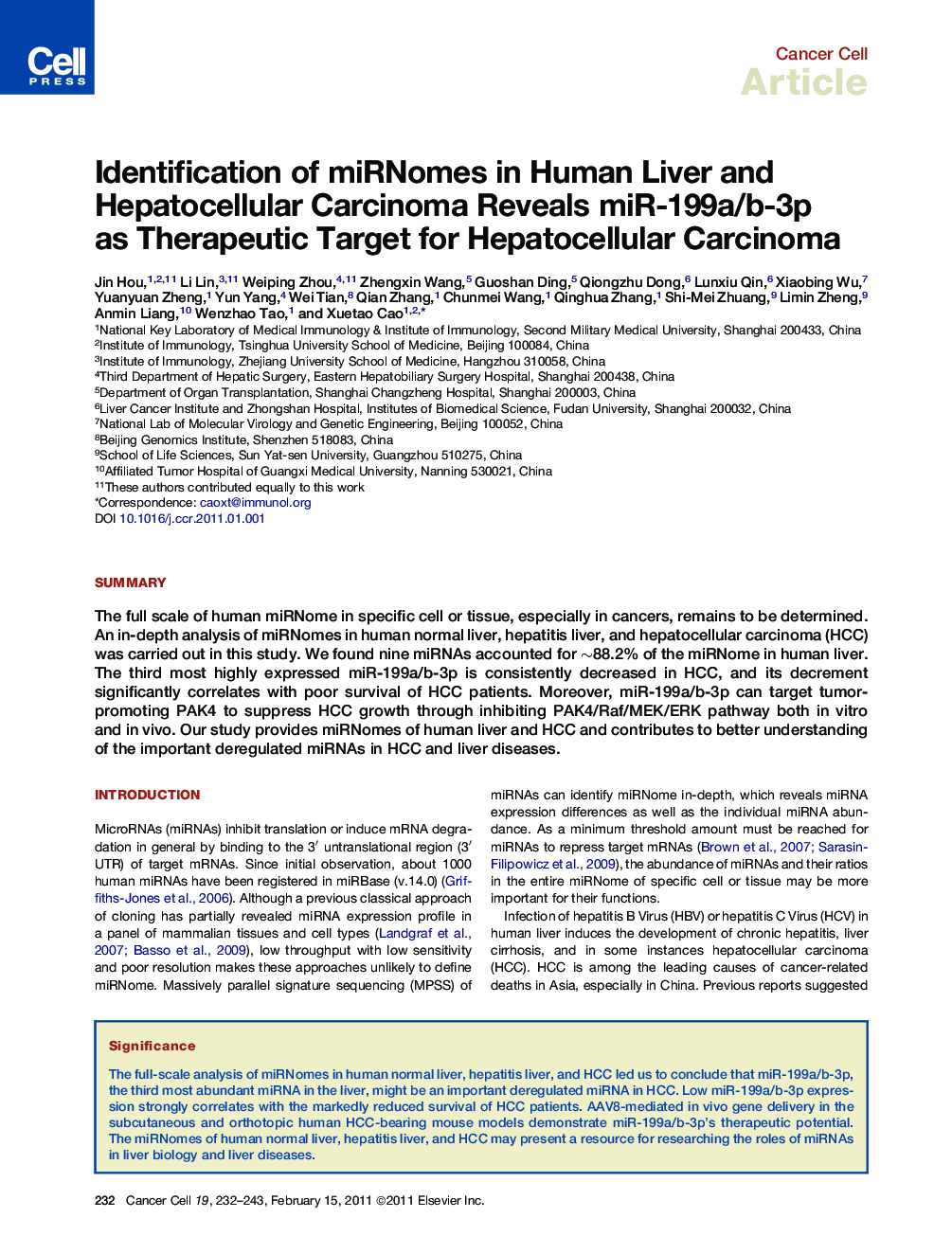 عکس صفحه اول مقاله: Identification of miRNomes in Human Liver and Hepatocellular Carcinoma Reveals miR-199a/b-3p as Therapeutic Target for Hepatocellular Carcinoma Identification of miRNomes in Human Liver and Hepatocellular Carcinoma Reveals miR-199a/b-3p as Therapeutic Target for Hepatocellular Carcinoma