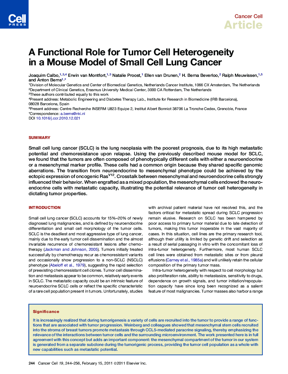 A Functional Role for Tumor Cell Heterogeneity in a Mouse Model of Small Cell Lung Cancer