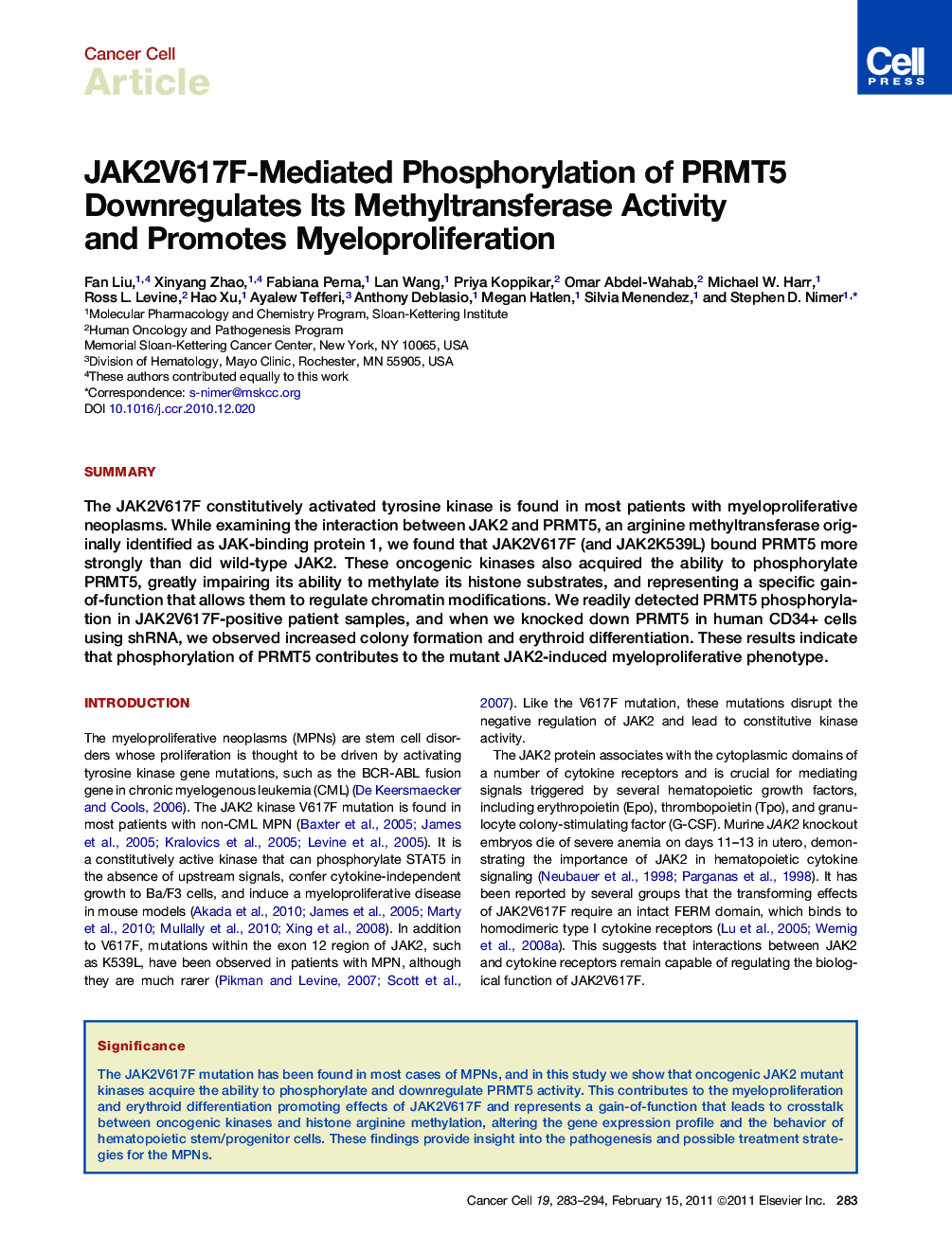 JAK2V617F-Mediated Phosphorylation of PRMT5 Downregulates Its Methyltransferase Activity and Promotes Myeloproliferation