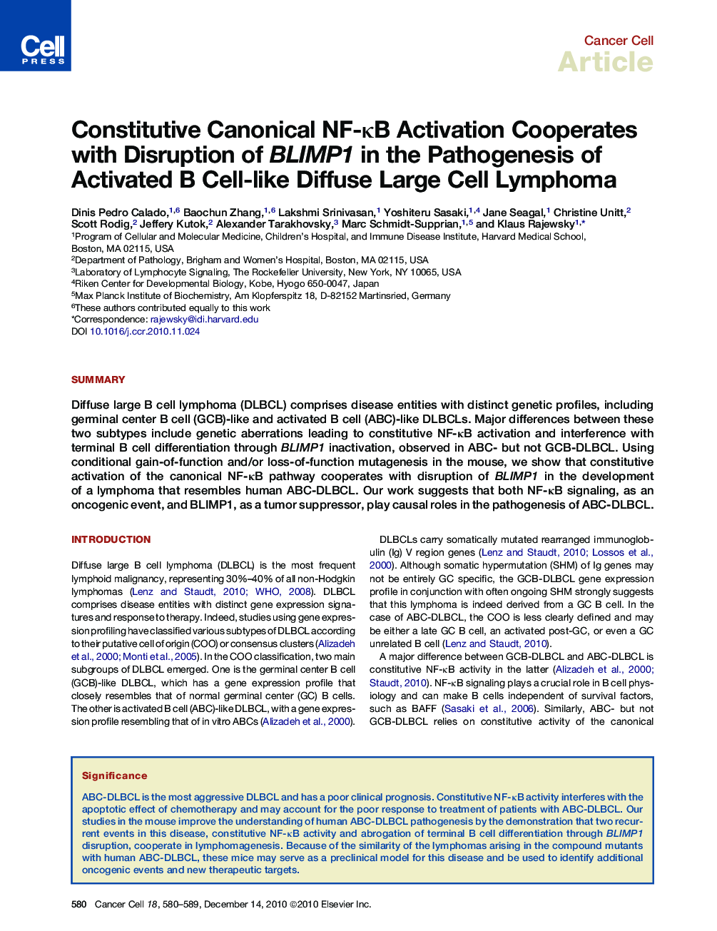 Constitutive Canonical NF-κB Activation Cooperates with Disruption of BLIMP1 in the Pathogenesis of Activated B Cell-like Diffuse Large Cell Lymphoma