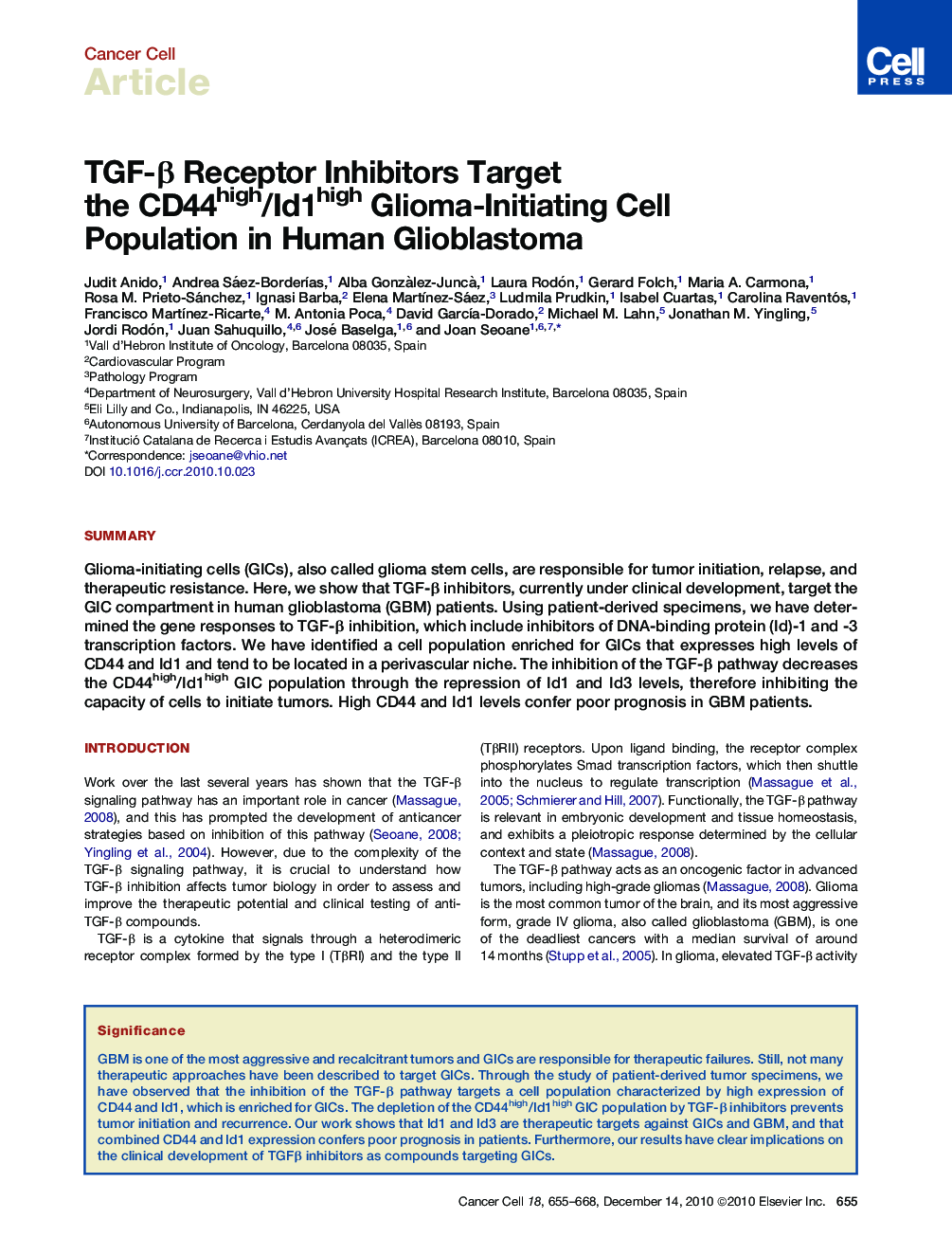 TGF-β Receptor Inhibitors Target the CD44high/Id1high Glioma-Initiating Cell Population in Human Glioblastoma