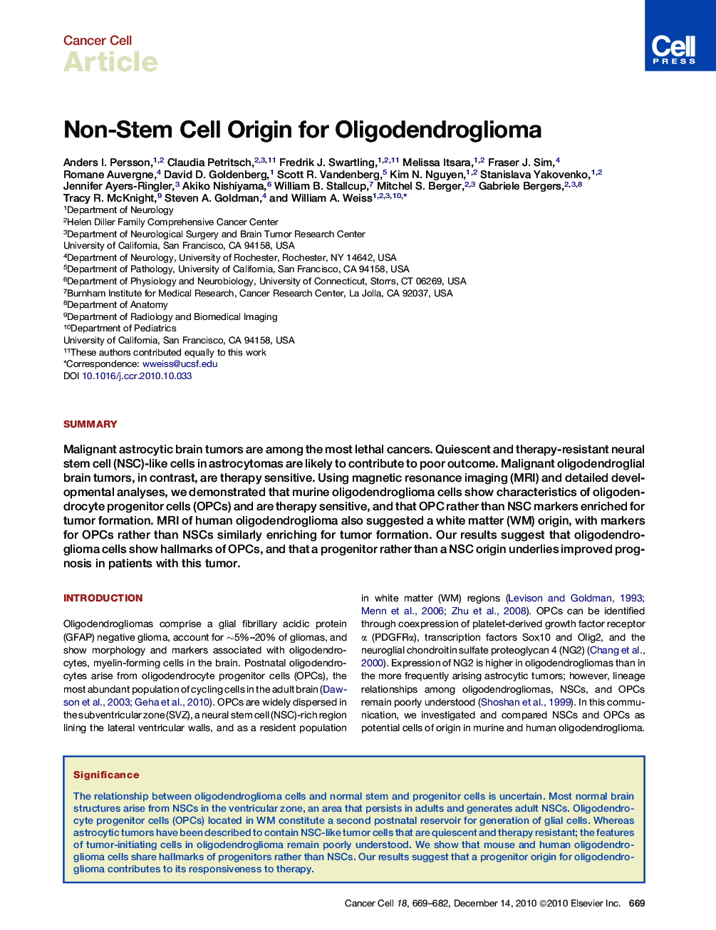 Non-Stem Cell Origin for Oligodendroglioma
