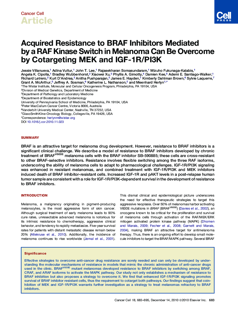 Acquired Resistance to BRAF Inhibitors Mediated by a RAF Kinase Switch in Melanoma Can Be Overcome by Cotargeting MEK and IGF-1R/PI3K