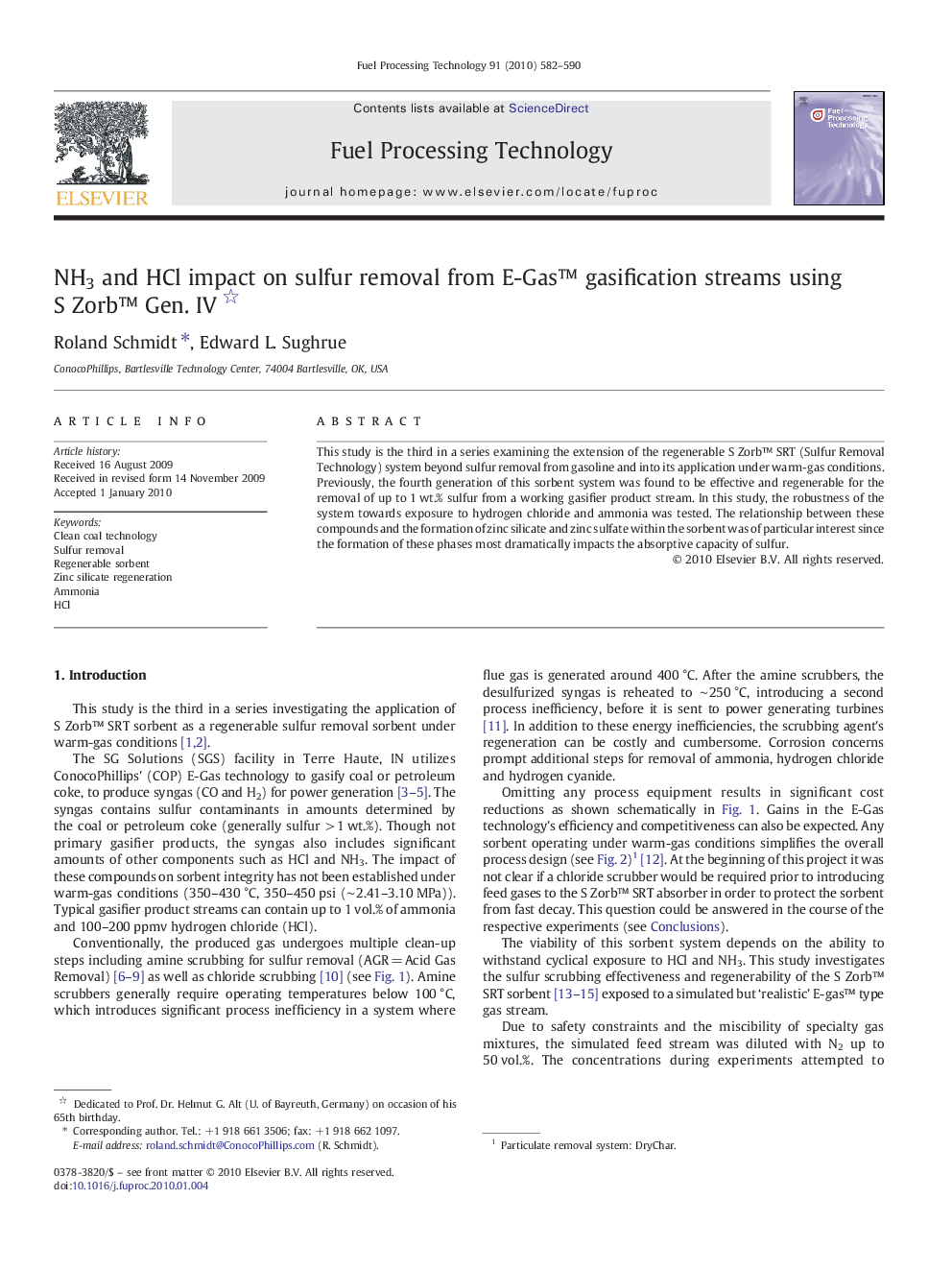 NH3 and HCl impact on sulfur removal from E-Gas™ gasification streams using S Zorb™ Gen. IV 