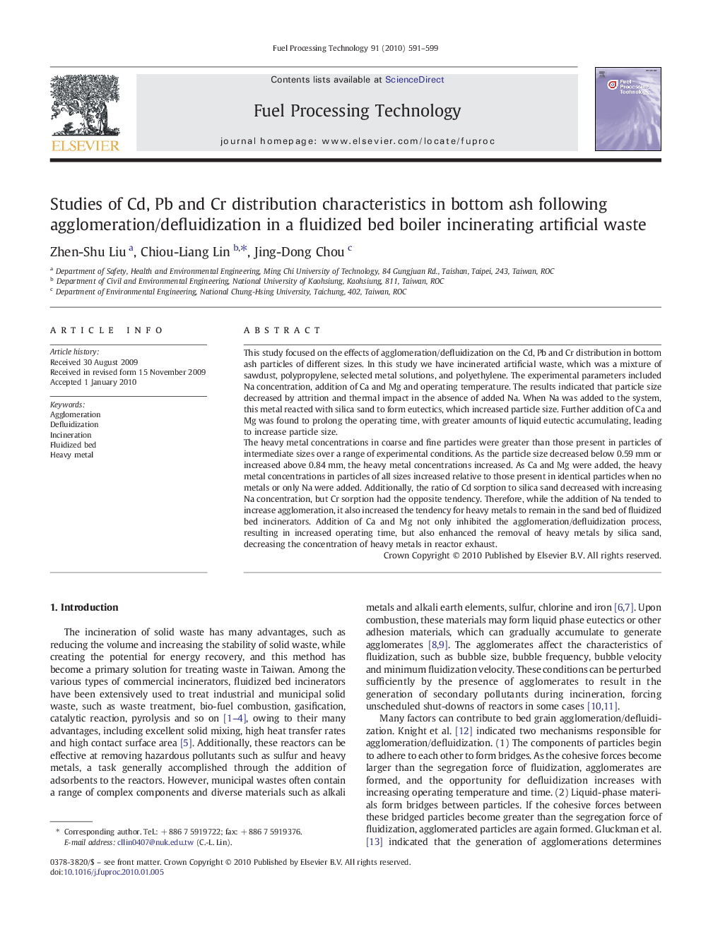 Studies of Cd, Pb and Cr distribution characteristics in bottom ash following agglomeration/defluidization in a fluidized bed boiler incinerating artificial waste